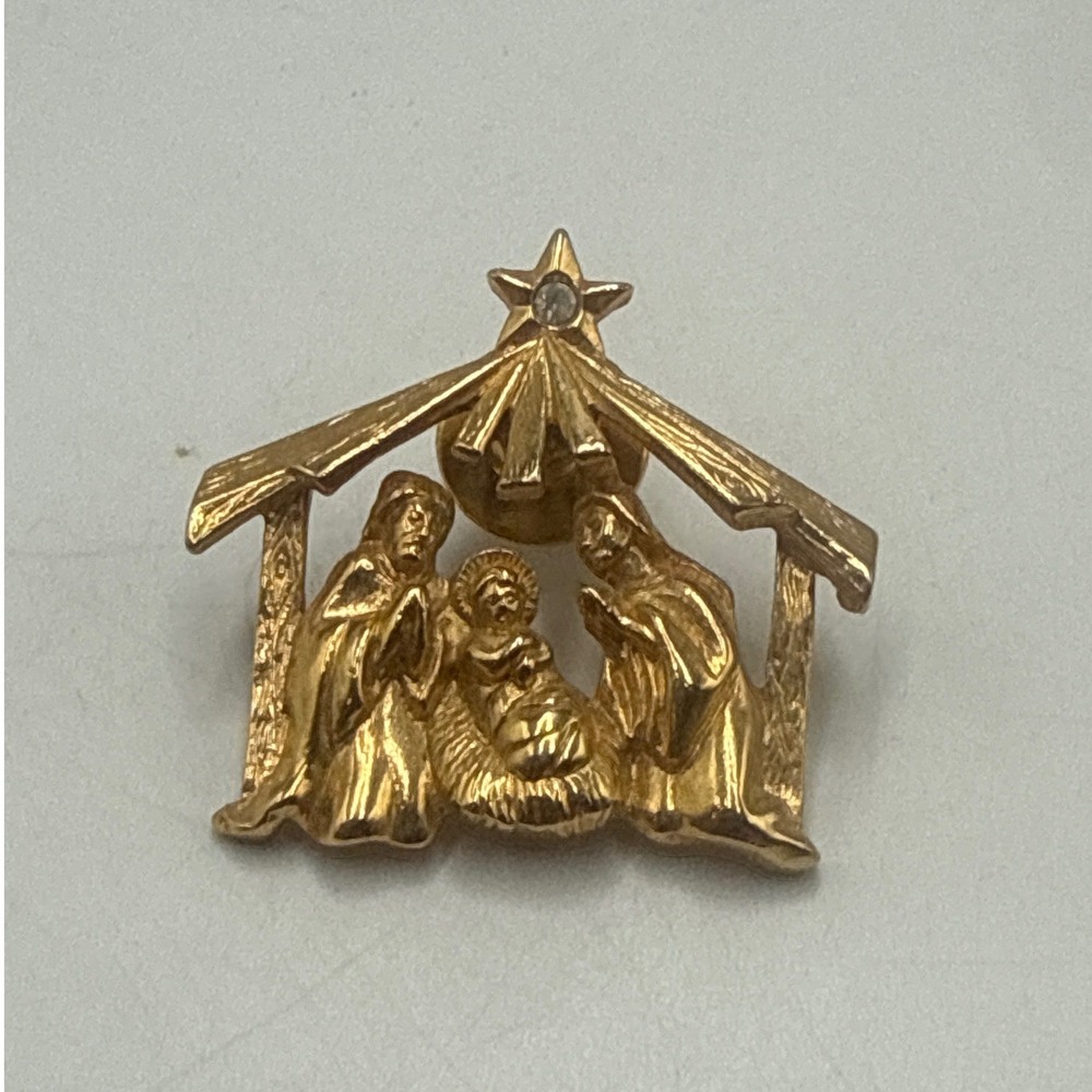 Gold Tone Nativity Scene Lapel Pin Rhinestone Star Bethlehem Christmas Brooch